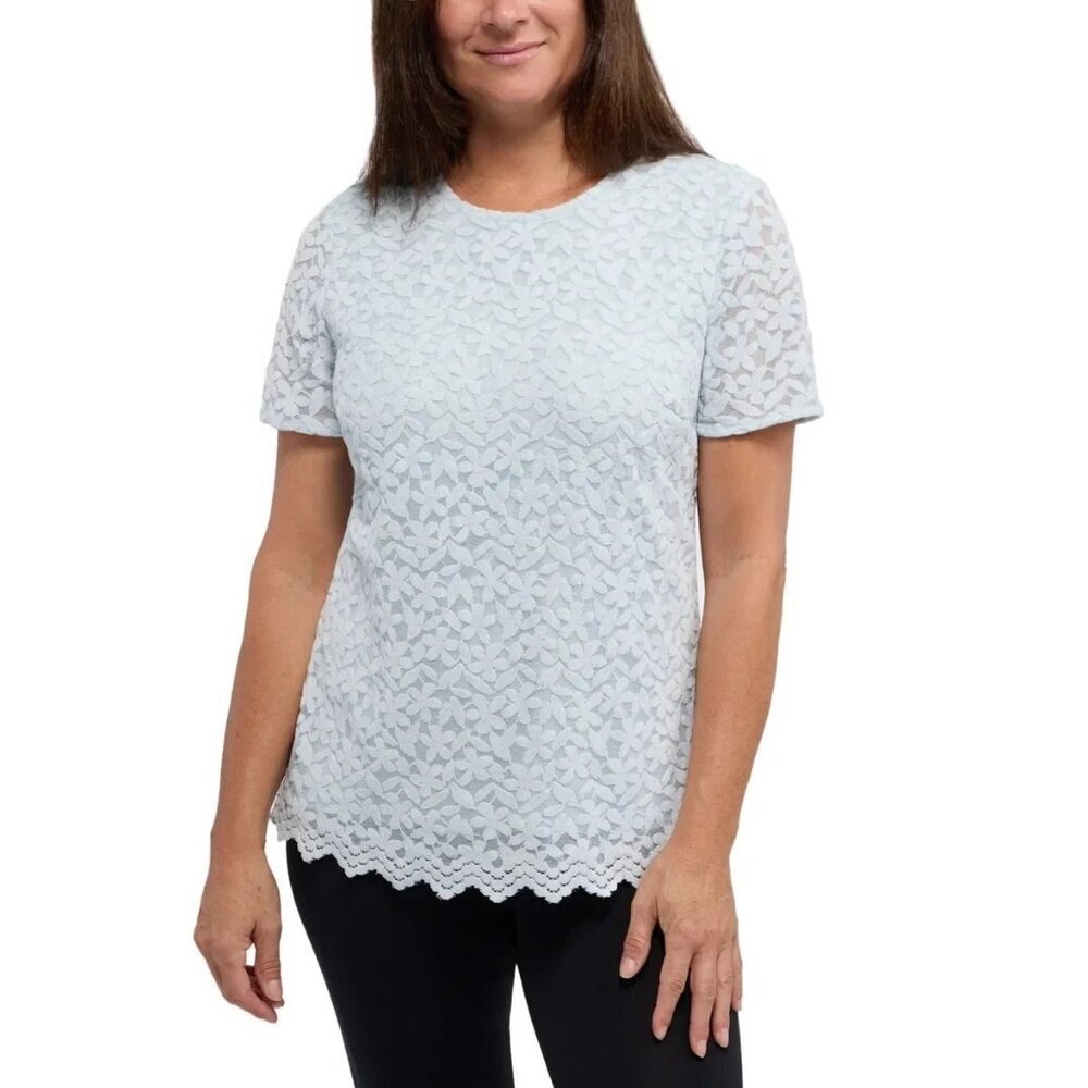 Teddi Rose Women's XL Blue Floral Lace Short Sleeve Top N0938